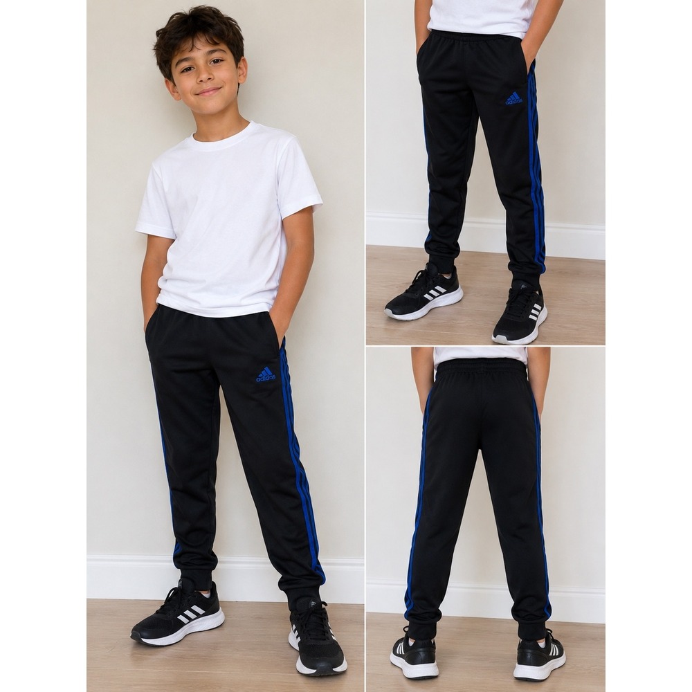 Adidas Boys Black Blue 3-Stripe Track Pants Joggers Size M 10/12